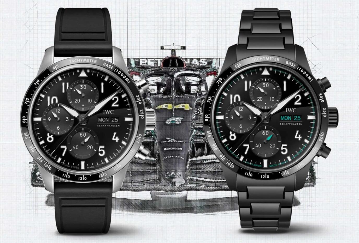 Montre d’Aviateur Replique IWC Performance Chronograph 41 : 2 bouchons Mercedes-AMG avec lunette tachymétrique